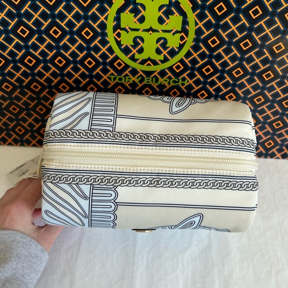 Tory Burch Virginia Printed Large Cosmetic Case Bag Blue Zebra Gold Blue Cream - Picture 5 of 10